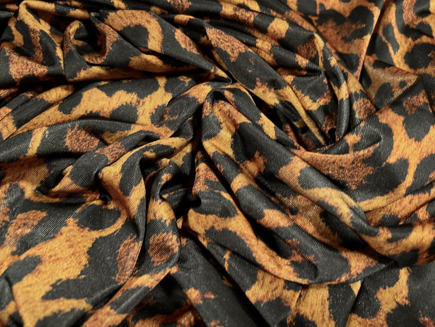 Stretch spandex single jersey fashion fabric, per metre - Jaguar jungle animal print - gold brown