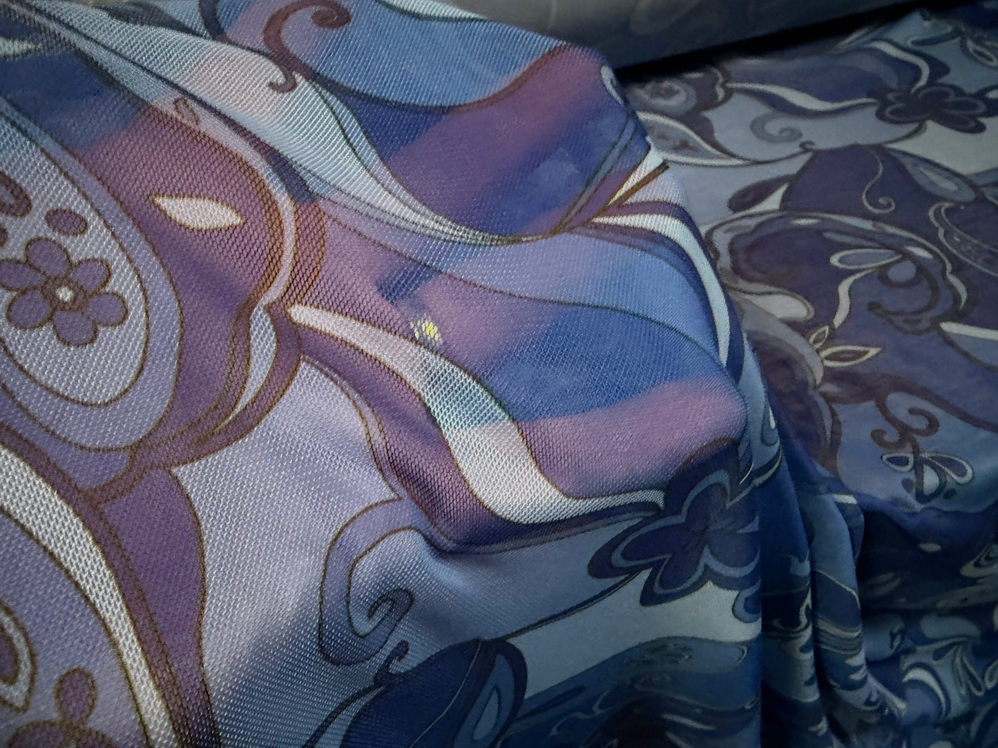 Power mesh net stretch spandex fabric, per metre - hippy swirl print - Royal & sky blue