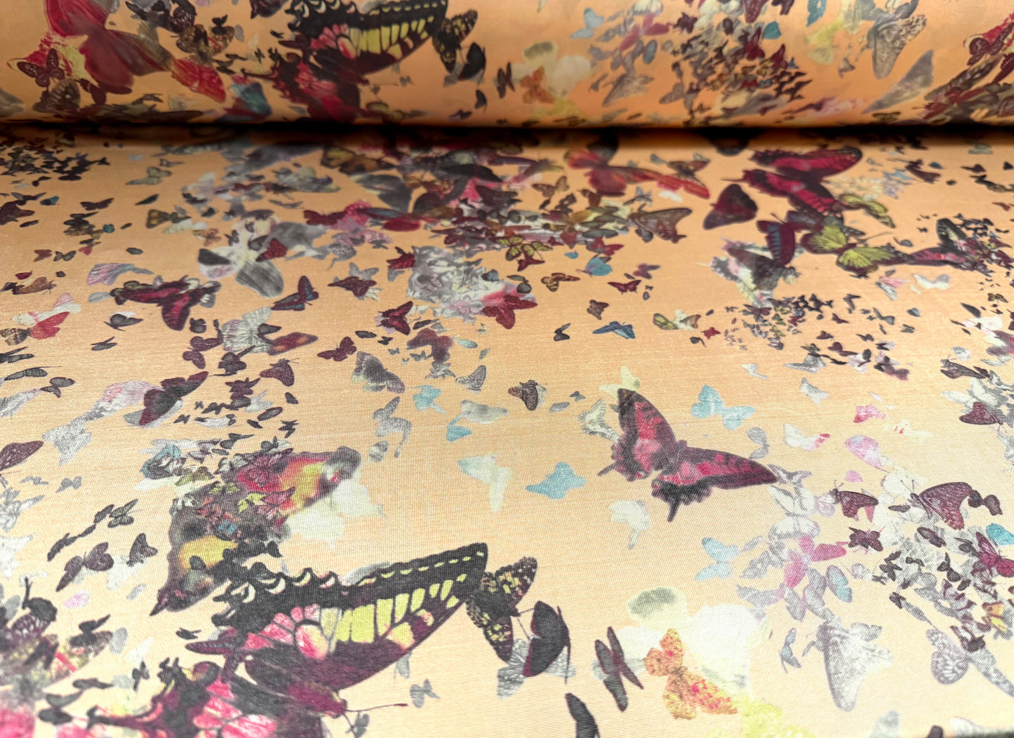 Stretch spandex single jersey fashion fabric, per metre - butterfly print - peach & purple