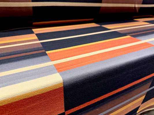 ‘Liverpool’ textured scuba stretch spandex jersey fabric, per metre - Mondrian geometric print - terracotta mustard & tan