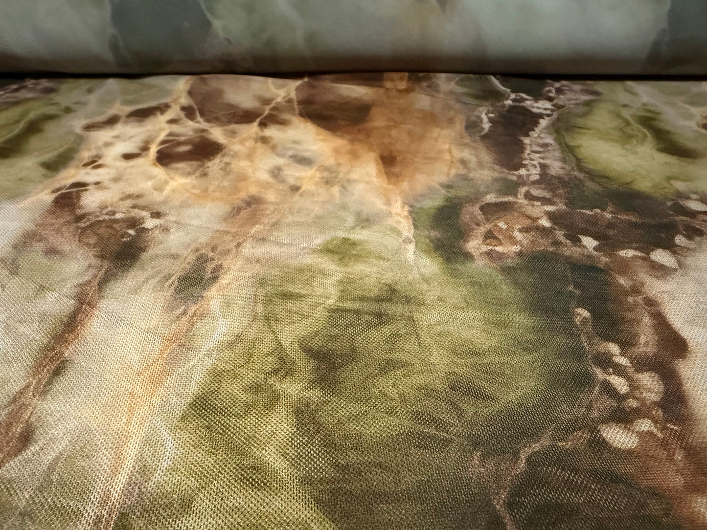 Power mesh net stretch spandex fabric, per metre - quartz print - green & brown