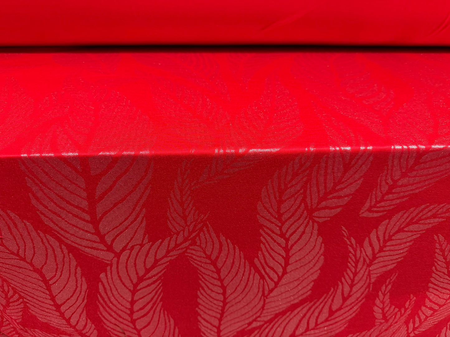 Metallic viscose spandex stretch jersey fabric, per metre - leaf print - red & silver