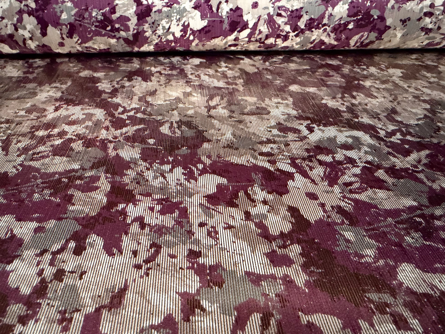 Metallic satin dress fabric, per metre - floral print - plum & silver