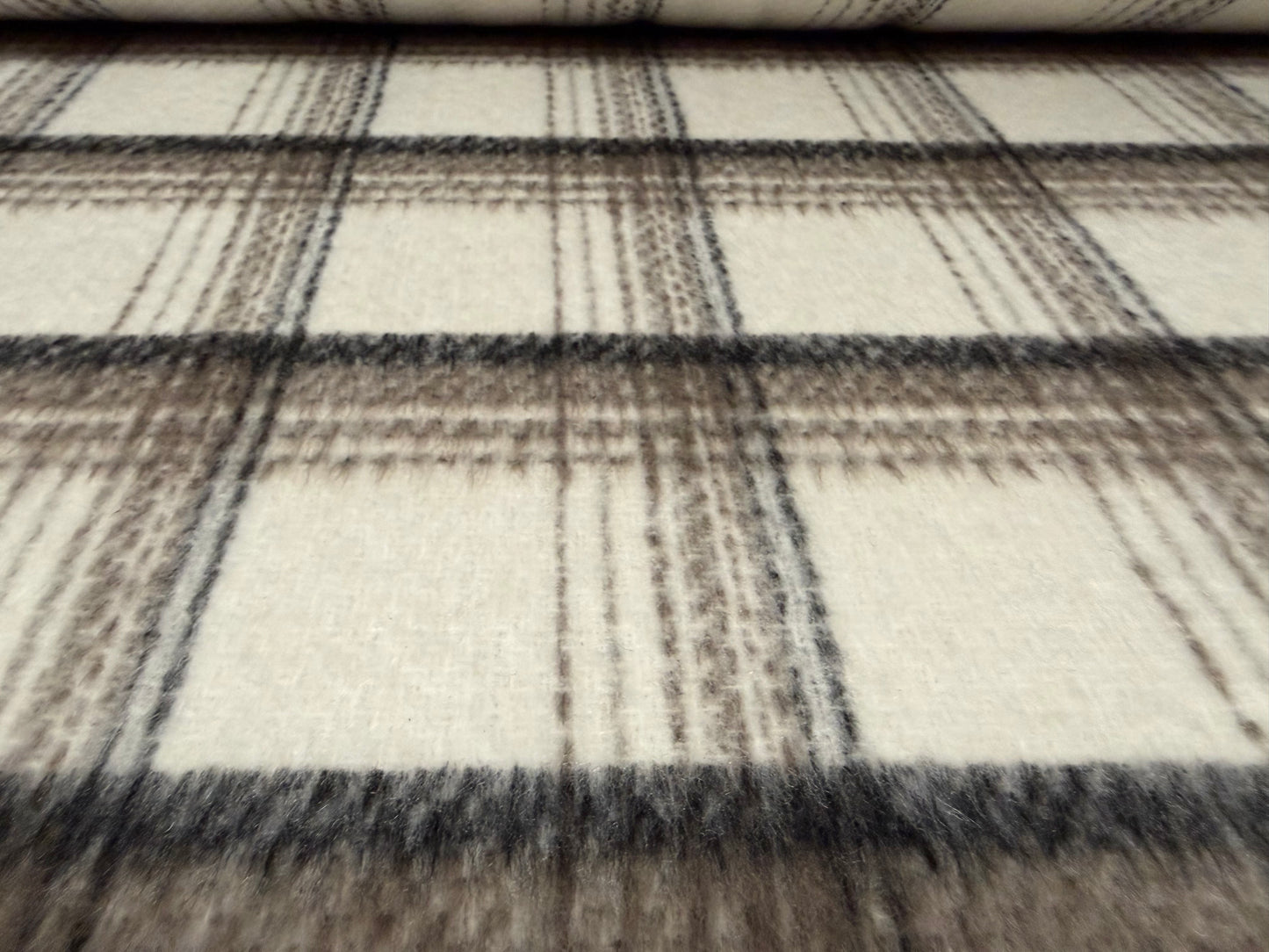 Wool faux fur fabric, per metre - distressed check - ivory & taupe