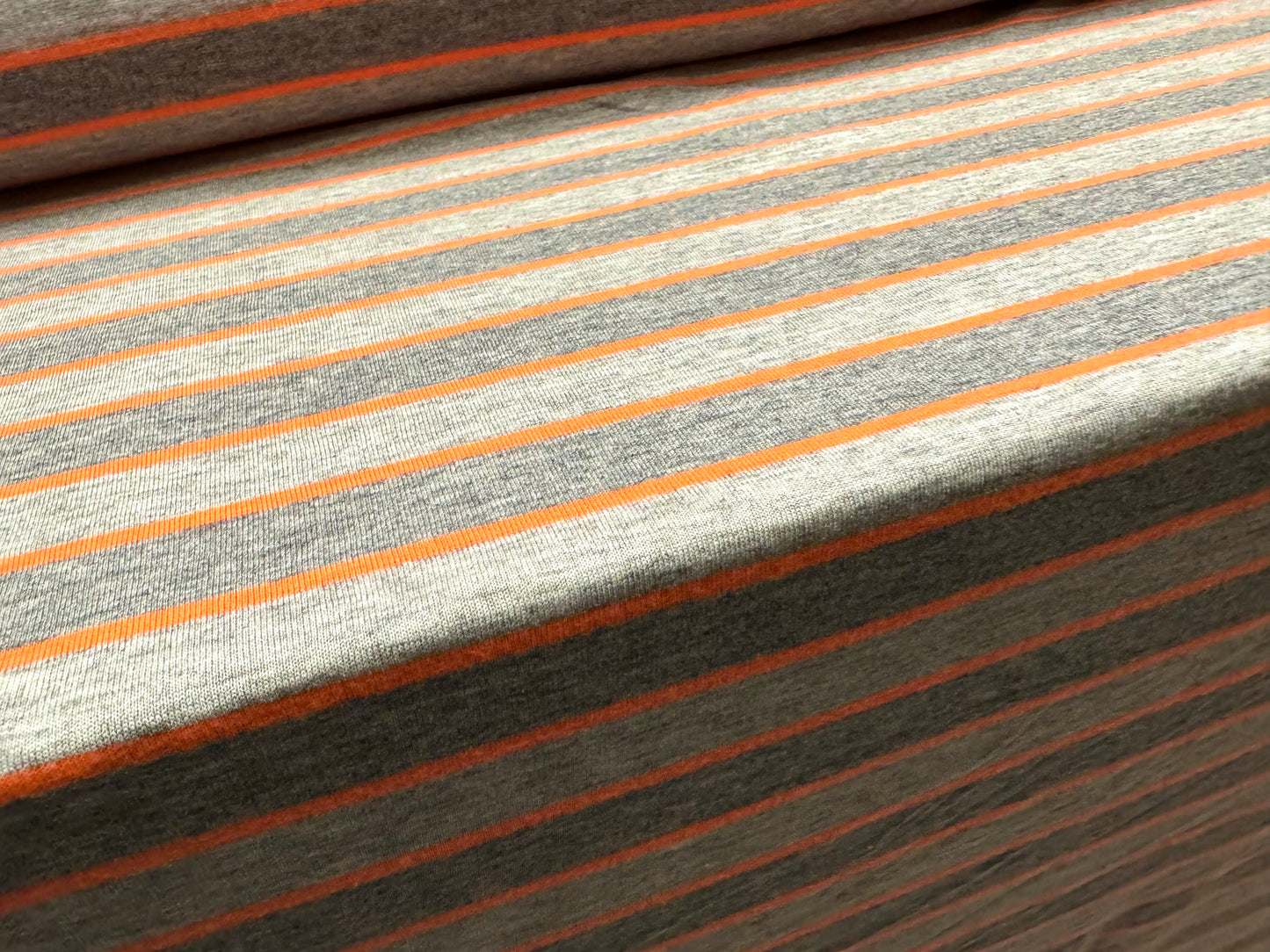 Viscose spandex stretch single jersey fabric, per metre - stripes - orange & grey marl