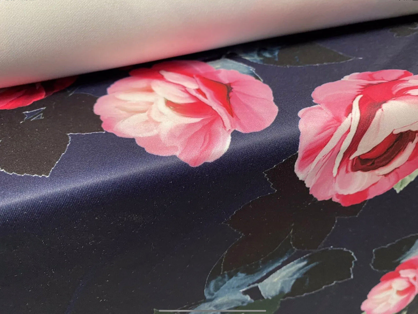 Scuba stretch spandex double jersey dress fabric, per metre - rose outline flower print - navy blue & pink