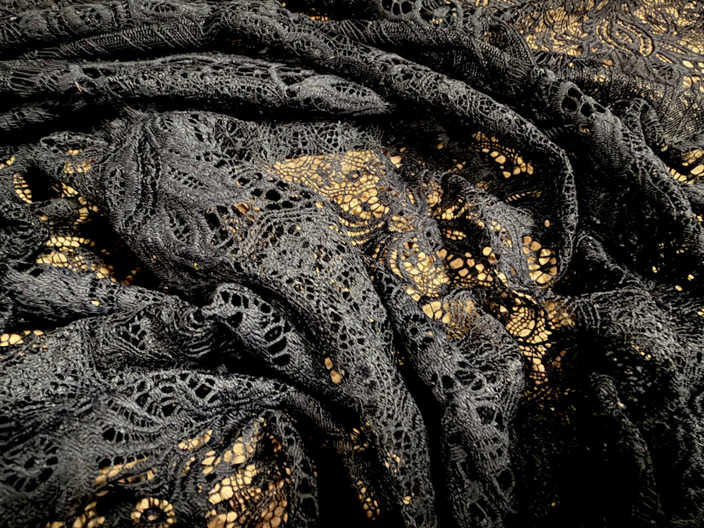 Intricate lace fabric, per metre - mandala floral design - black