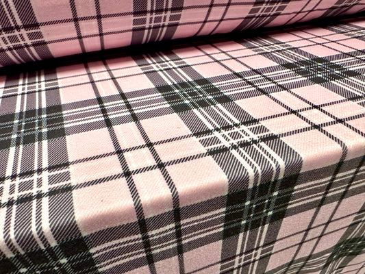 Stretch spandex interlock jersey fabric, per metre - tartan check print - pink & grey