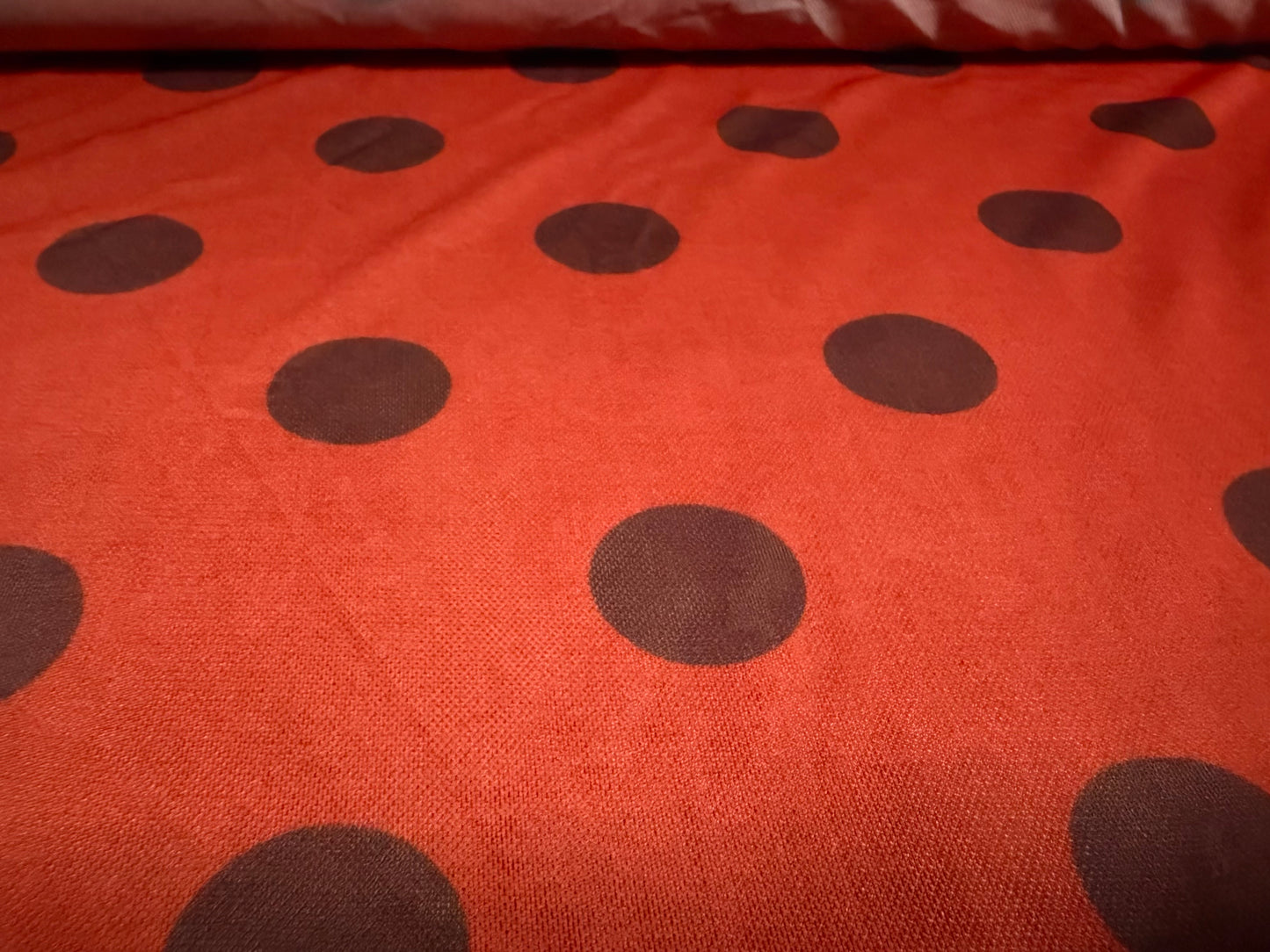 Power mesh net stretch spandex fabric, per metre - ladybug polka dot print - red & black