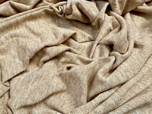 Super stretch metallic single jersey fashion fabric, per metre - stone & gold lurex melange