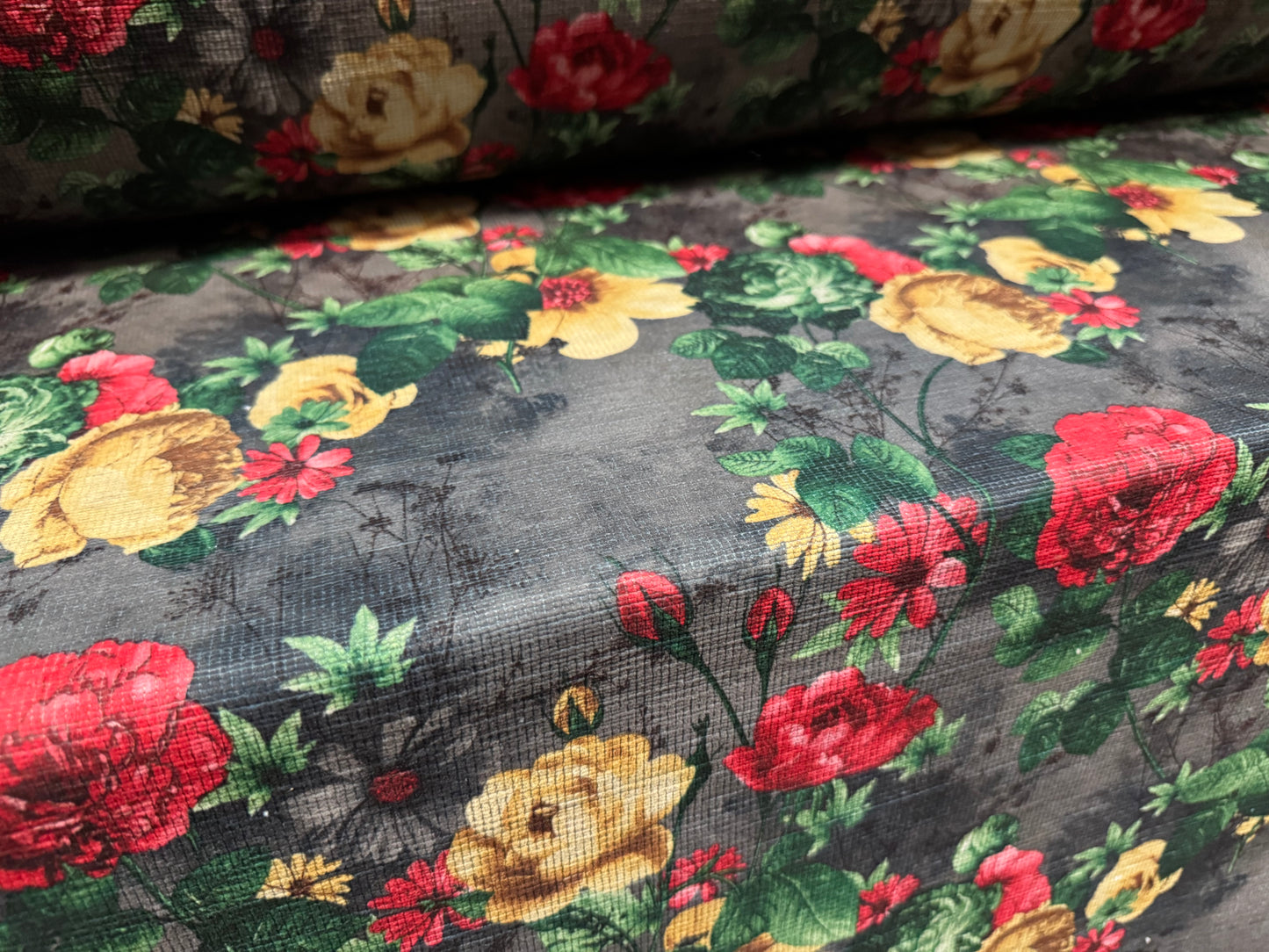 Chenille upholstery fabric, per metre - roses print - grey red & gold