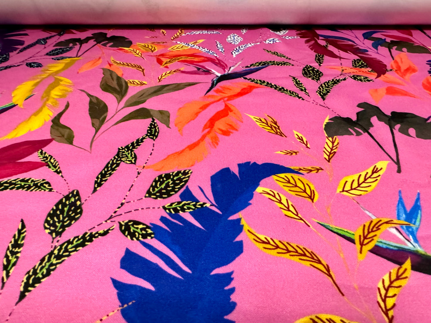 Scuba stretch spandex double jersey dress fabric, per metre - tropical leaves print - hot pink