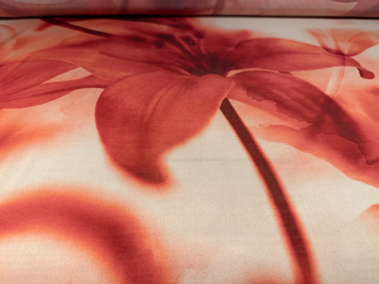 Power mesh net stretch spandex fabric, per metre - jumbo orchid print - burnt coral & cream