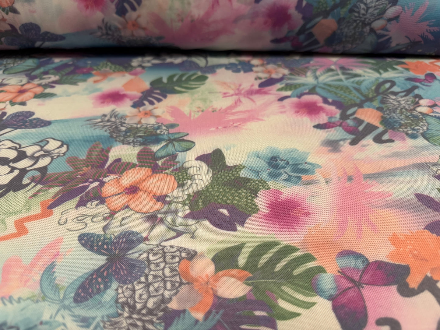 Power mesh net stretch spandex fabric, per metre - tropical garden print - lilac pink & blue
