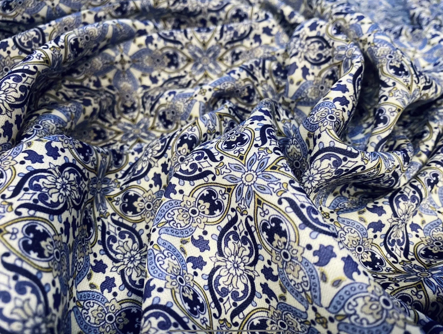 Double jersey knit stretch spandex dress fabric, per metre - paisley mosaic print - blue