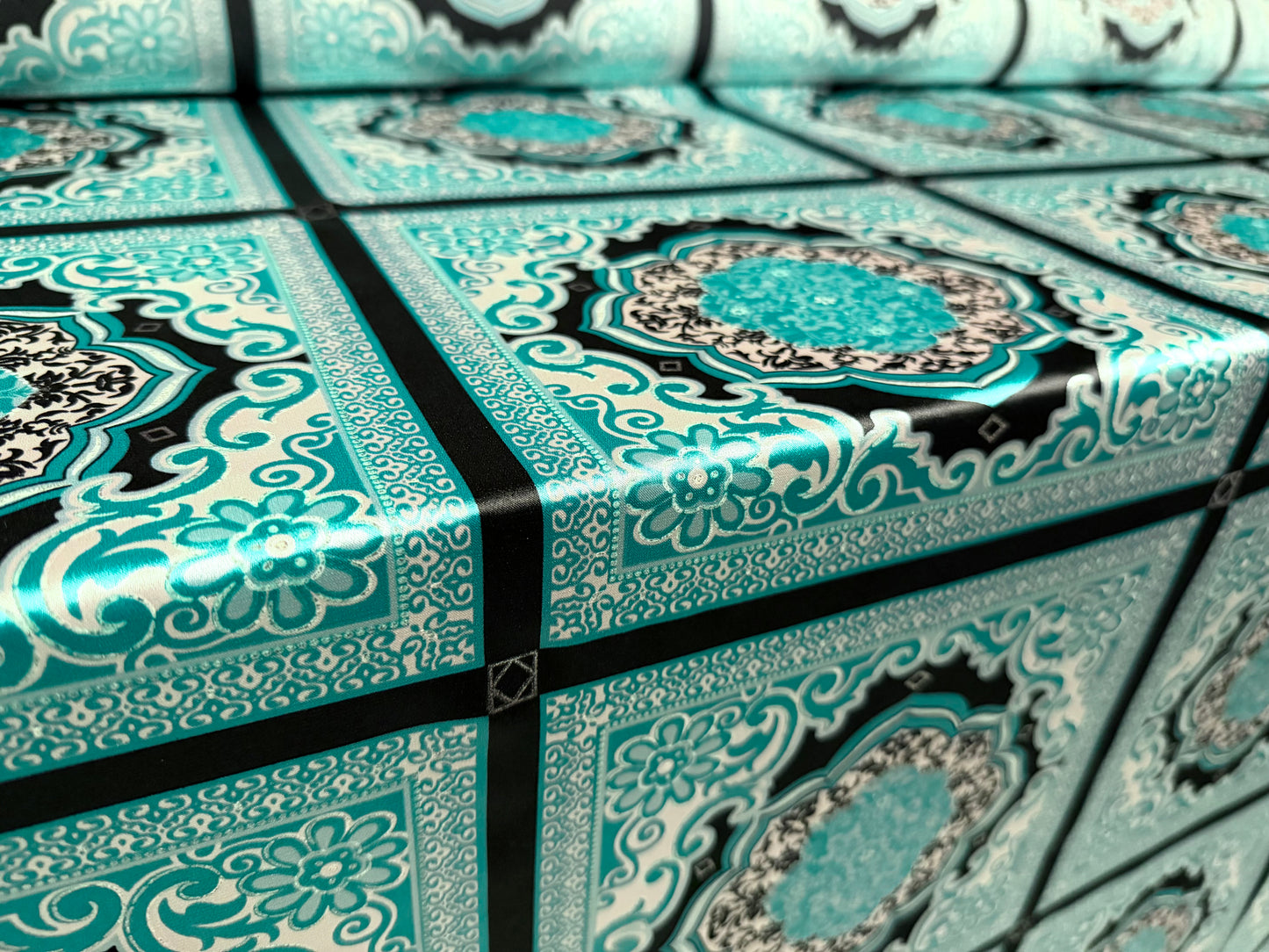 Stretch charmeuse satin fabric, per metre - geometric tile print - turquoise & silver metallic