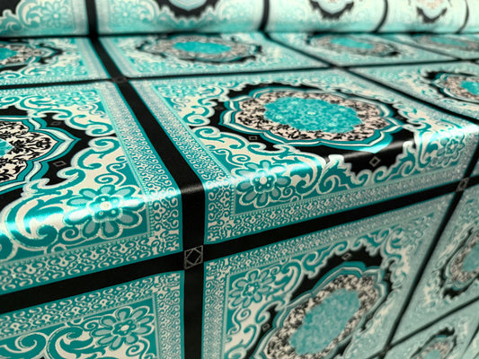 Stretch charmeuse satin fabric, per metre - geometric tile print - turquoise & silver metallic