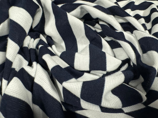 Ponte Roma double jersey knit stretch fabric, per metre - stripe - dark navy blue & ivory