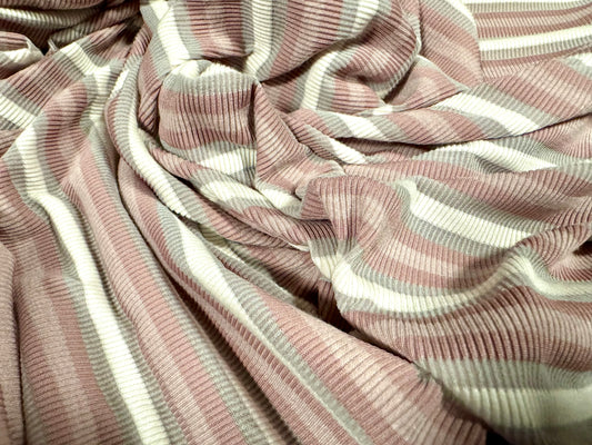 Stretch Spandex rib jersey fabric, per metre - stripe - lavender & dusky pink