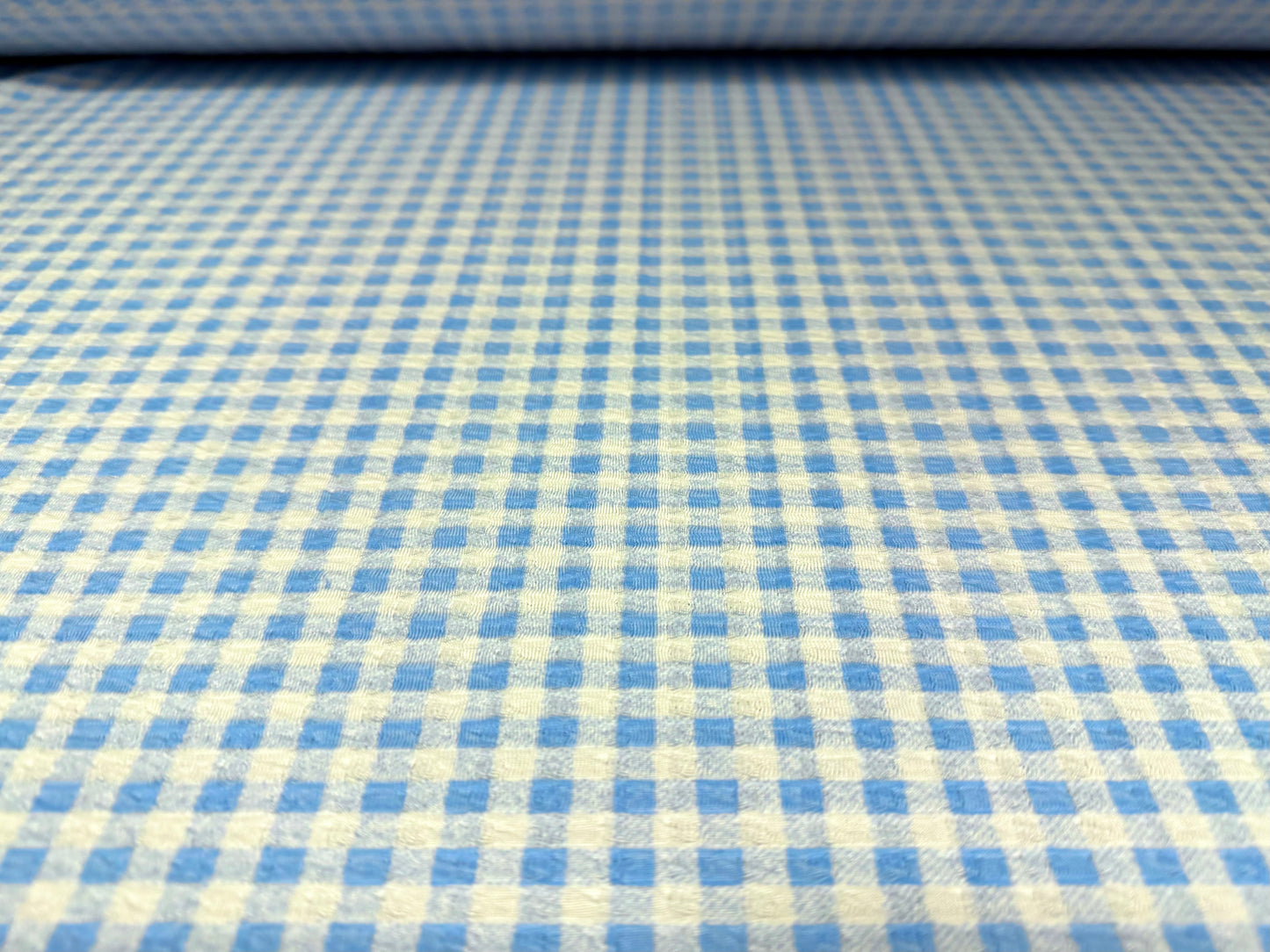 Stretch spandex jersey jacquard fabric, per metre - gingham print -sky blue & white
