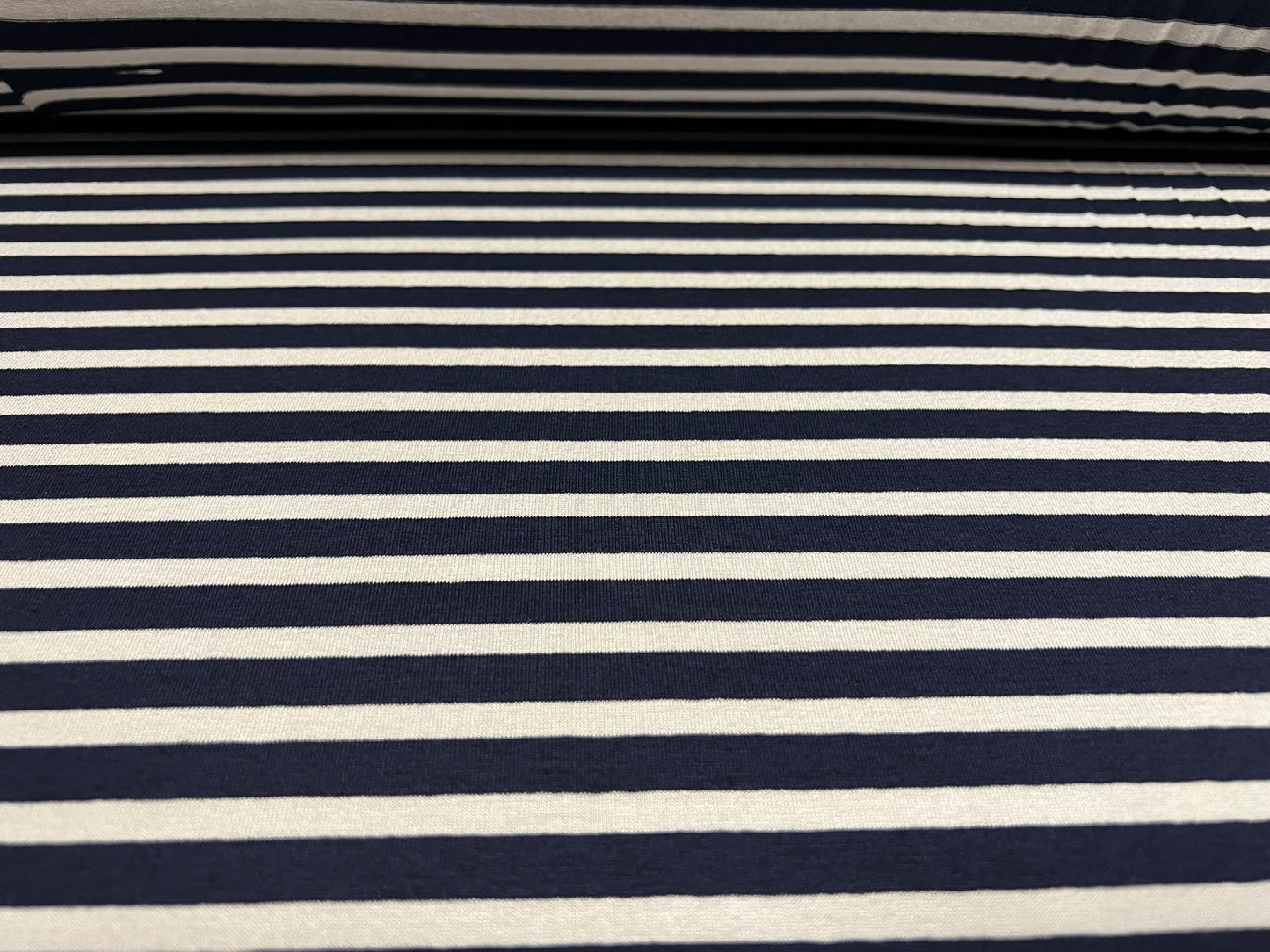 Viscose spandex stretch single jersey fabric, per metre - stripe - dark navy & ivory