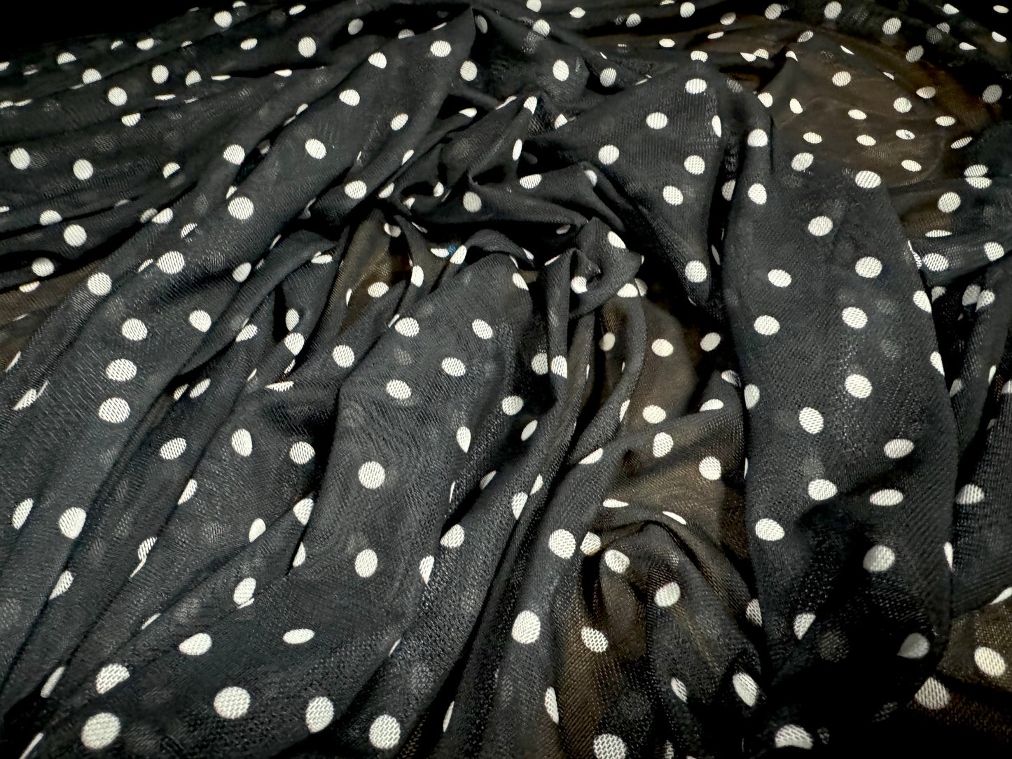 Power mesh net stretch spandex fabric, per metre - spot print - black & white