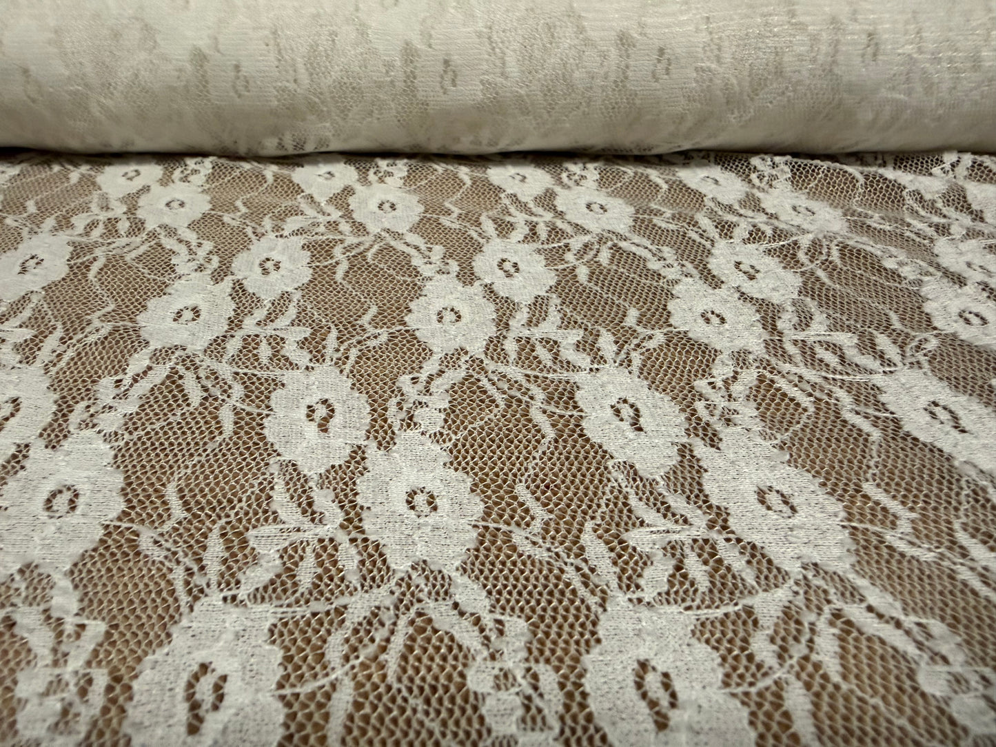 Stretch spandex lace fabric, per metre - floral - ivory