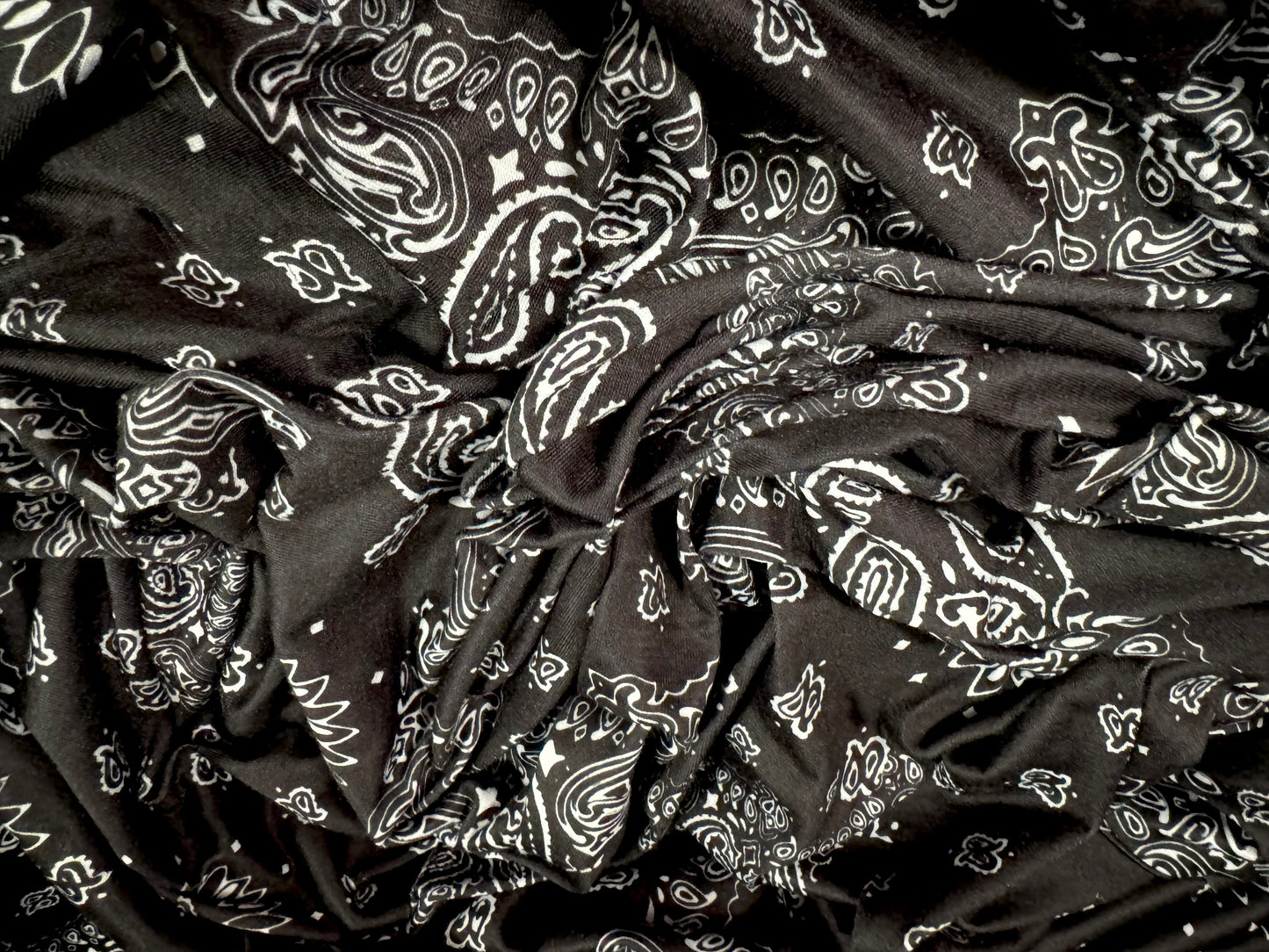 Soft handle stretch single jersey fashion fabric, per metre - paisley print - black & white