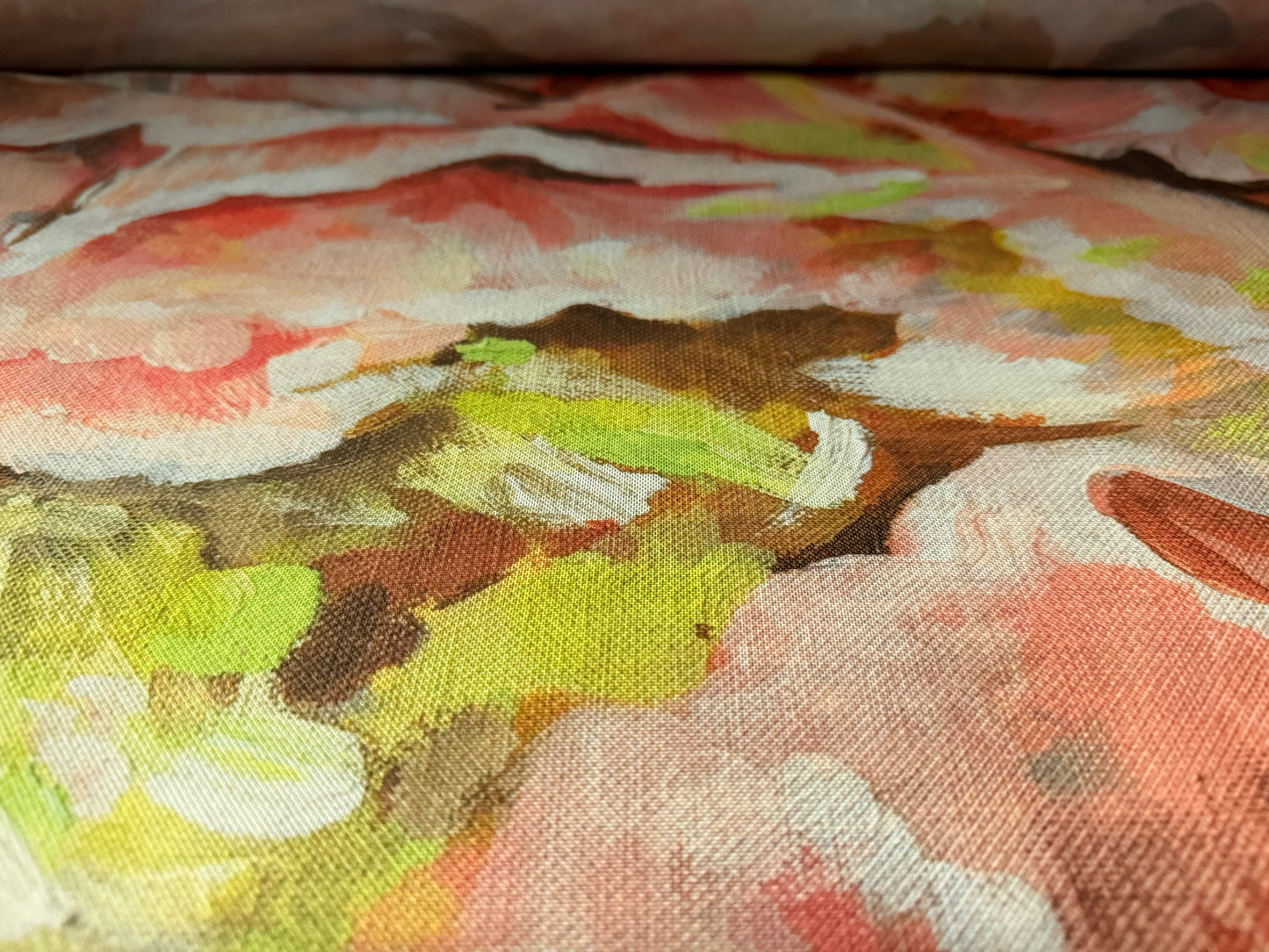 Power mesh net stretch spandex fabric, per metre - impressionist print - pink & green
