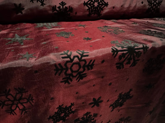 Taffeta faux silk fabric - flocked snowflake print - burgundy