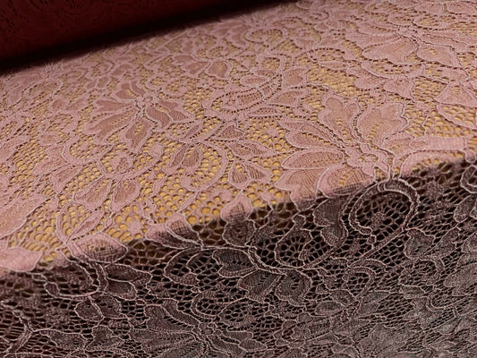 Stretch spandex lace rose floral dress fabric, per metre - scalloped selvedge - dark rose pink