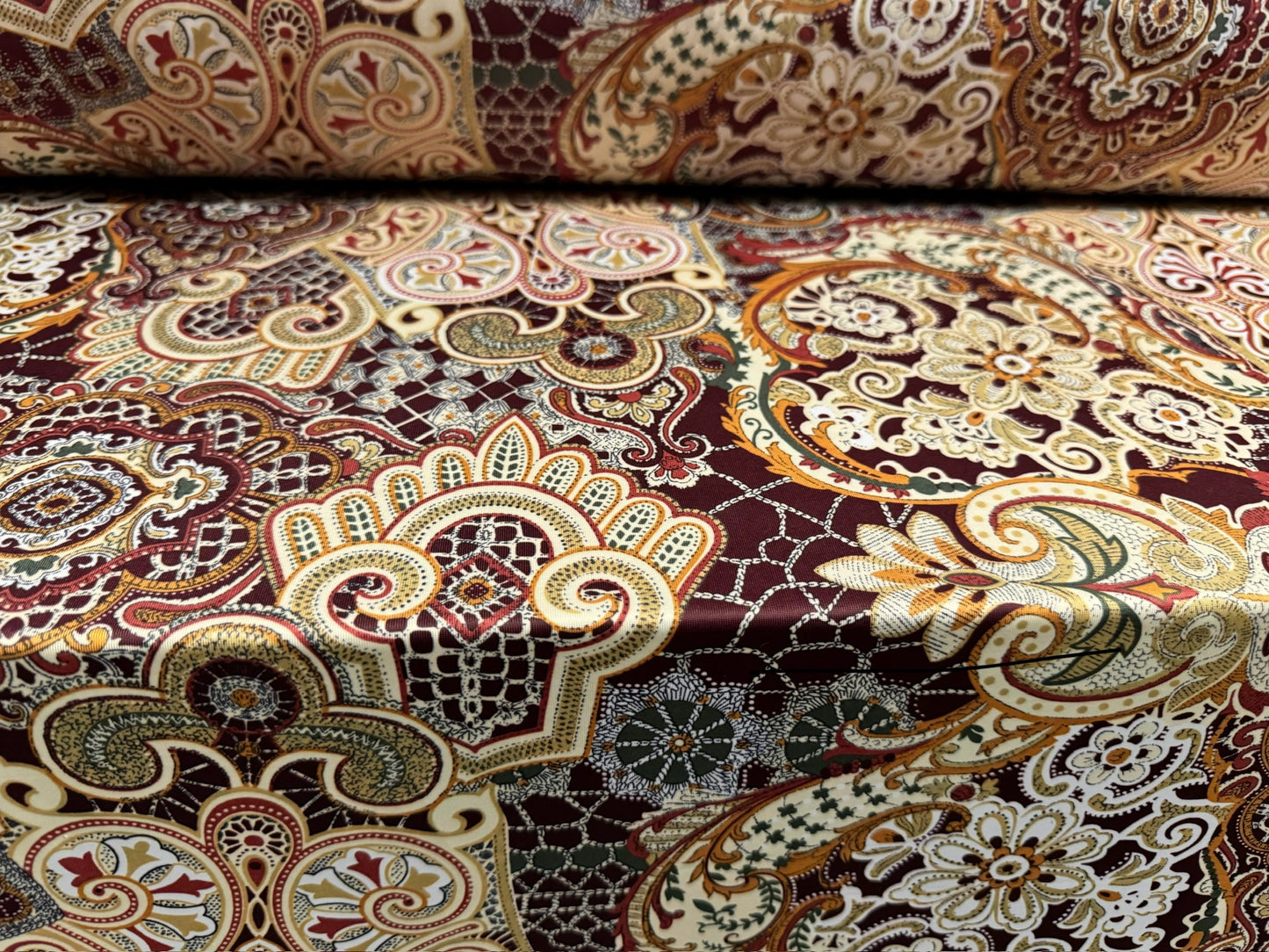 Soft touch stretch spandex single jersey fabric, per metre - paisley print - maroon & cream