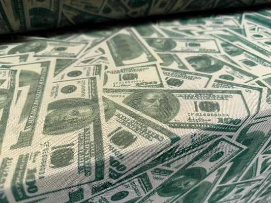 Power mesh net stretch spandex fabric, per metre - dollar bill print - sage & bottle green