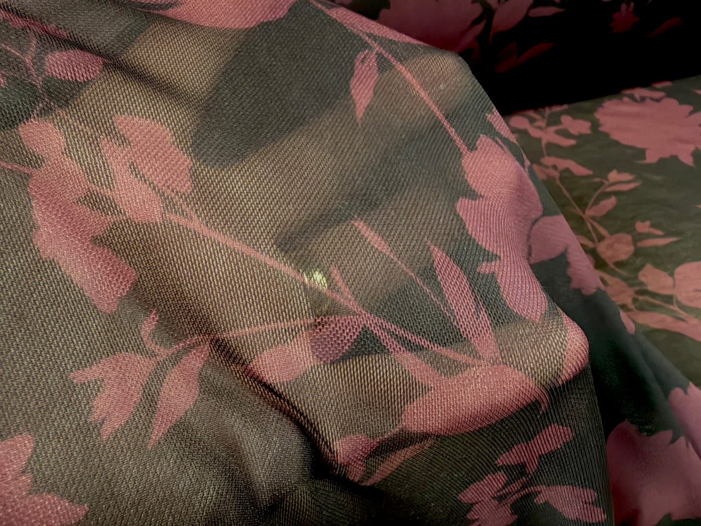 Power mesh net stretch spandex fabric, per metre - floral silhouette - black & aubergine