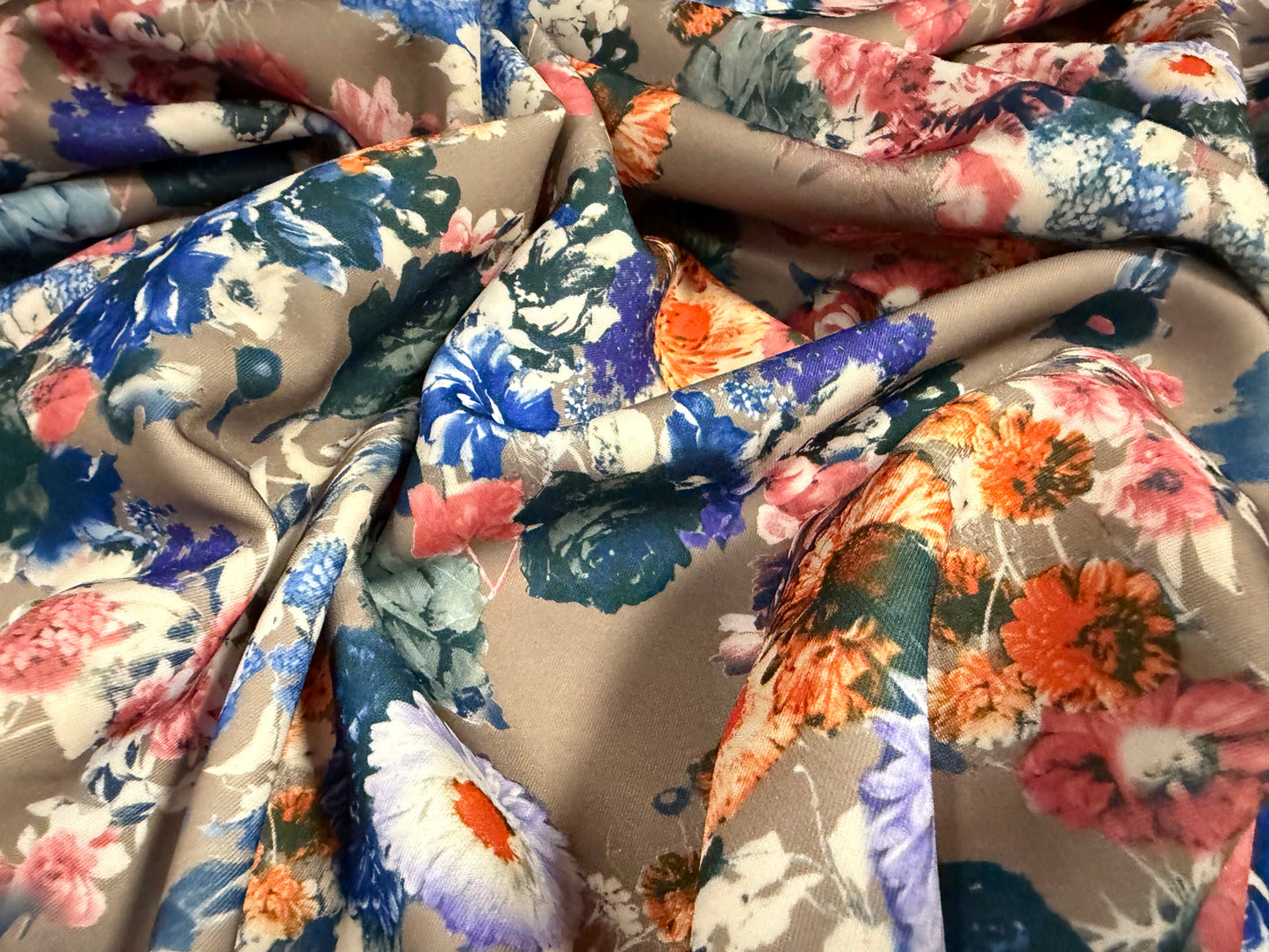 Scuba stretch spandex double jersey fabric, per metre - floral print - mink & cobalt blue