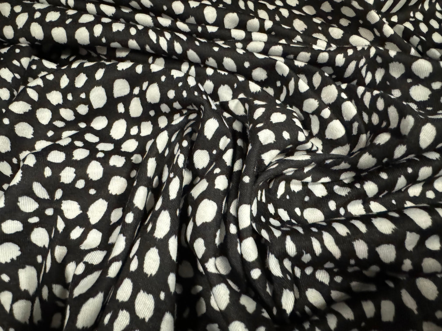 Soft handle single jersey fashion fabric, per metre - stylised Dalmatian print - black & white