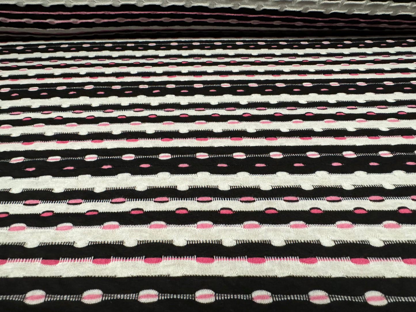 Stretch jersey fashion fabric, per metre - dobby stripe jacquard - black pink & off white