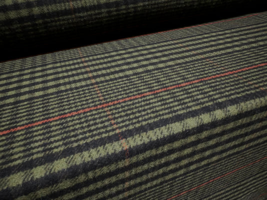 Heavyweight wool flannel coat jacket fabric, per metre - tartan check - dark olive green