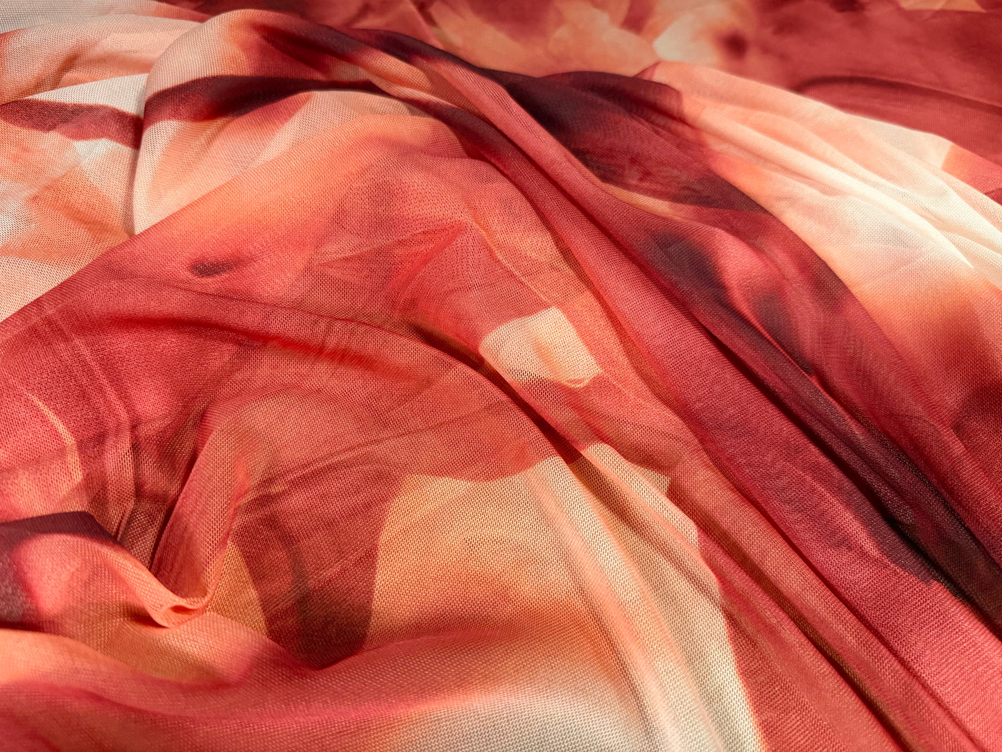 Power mesh net stretch spandex fabric, per metre - jumbo orchid print - burnt coral & cream