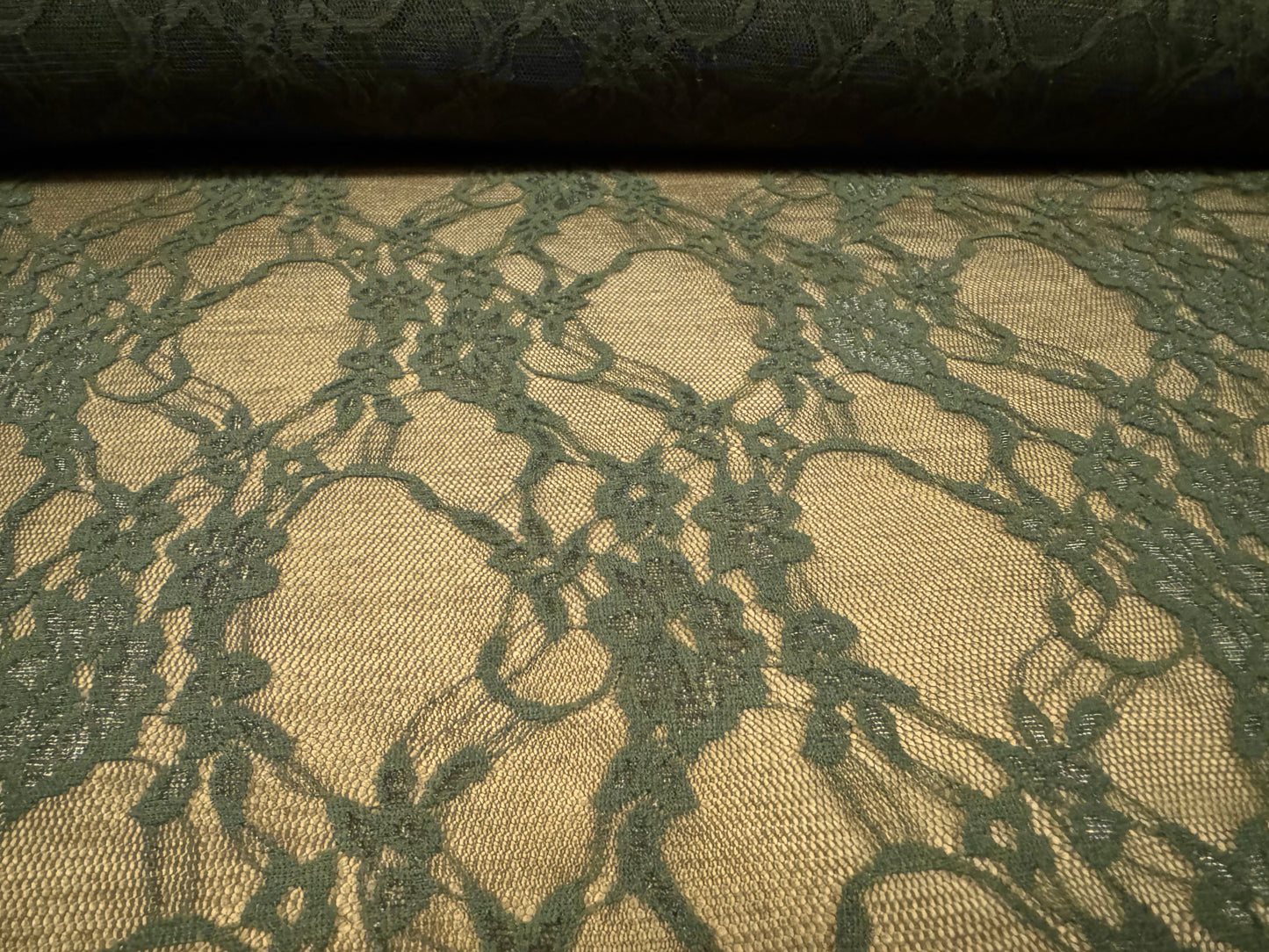 Stretch spandex mesh lace net fabric, per metre - floral pattern - Olive green