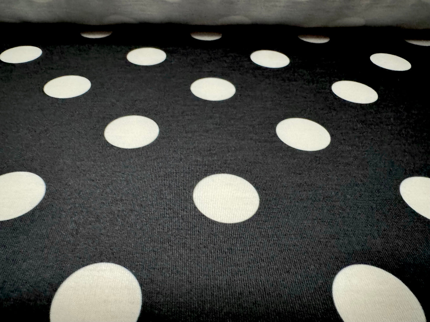 Soft handle stretch single jersey fashion fabric, per metre - polka dot print - black & white