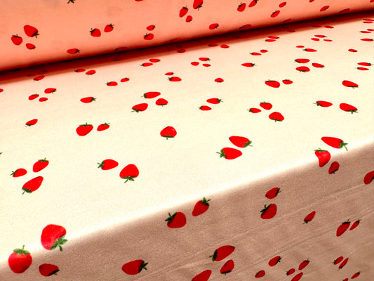 Scuba stretch spandex double jersey dress fabric, per metre - strawberry print - pink