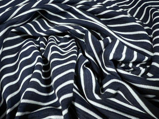 Double jersey knit fashion fabric, per metre - stripe - navy blue & sky