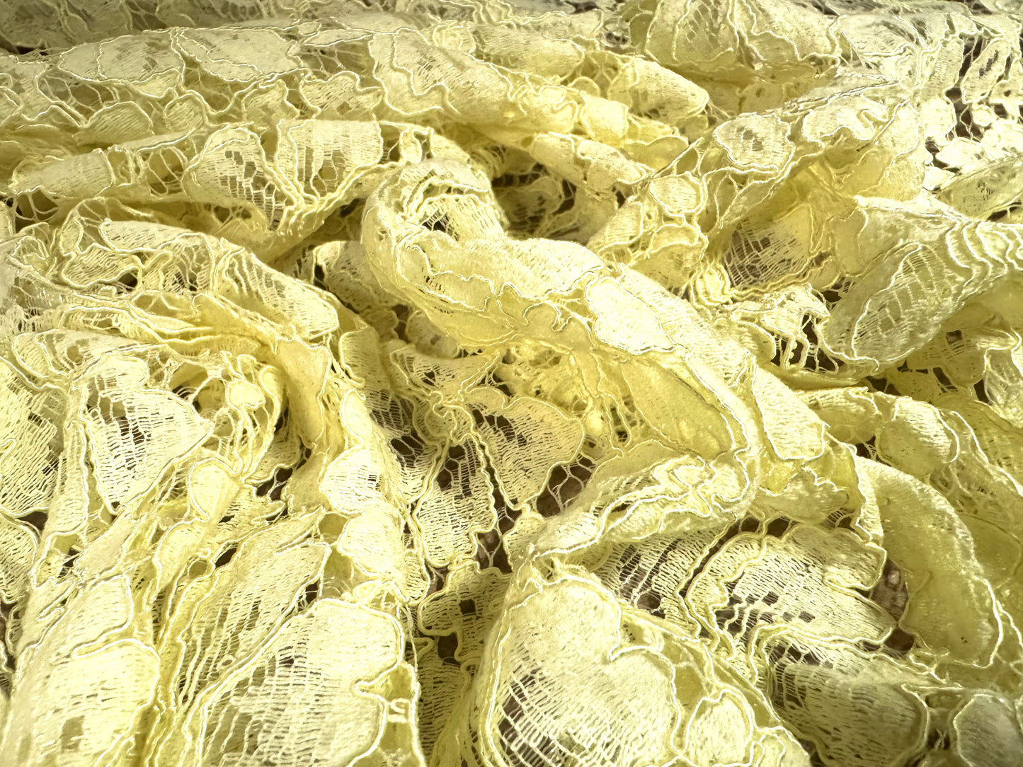 Heavy corded Alencon lace dress fabric with scalloped selvedge, per metre - floral - lemon