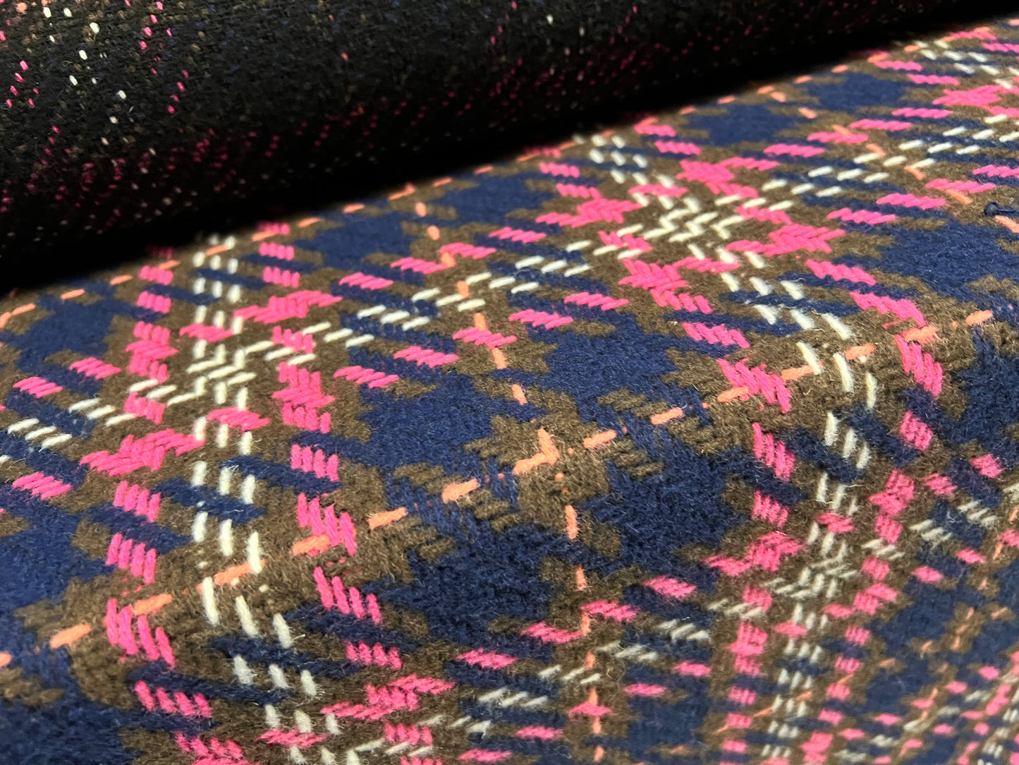 Wool blend heavyweight coat jacket fabric, per metre - stitch embroidered check - navy blue & pink