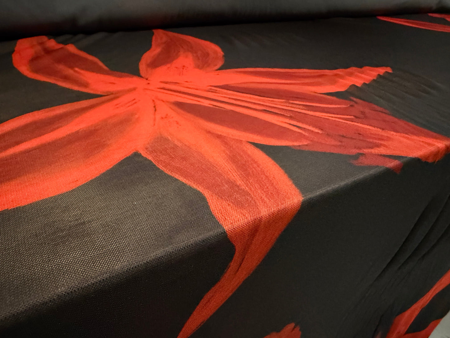 Power mesh net stretch spandex fabric, per metre - giant lily print - black & red