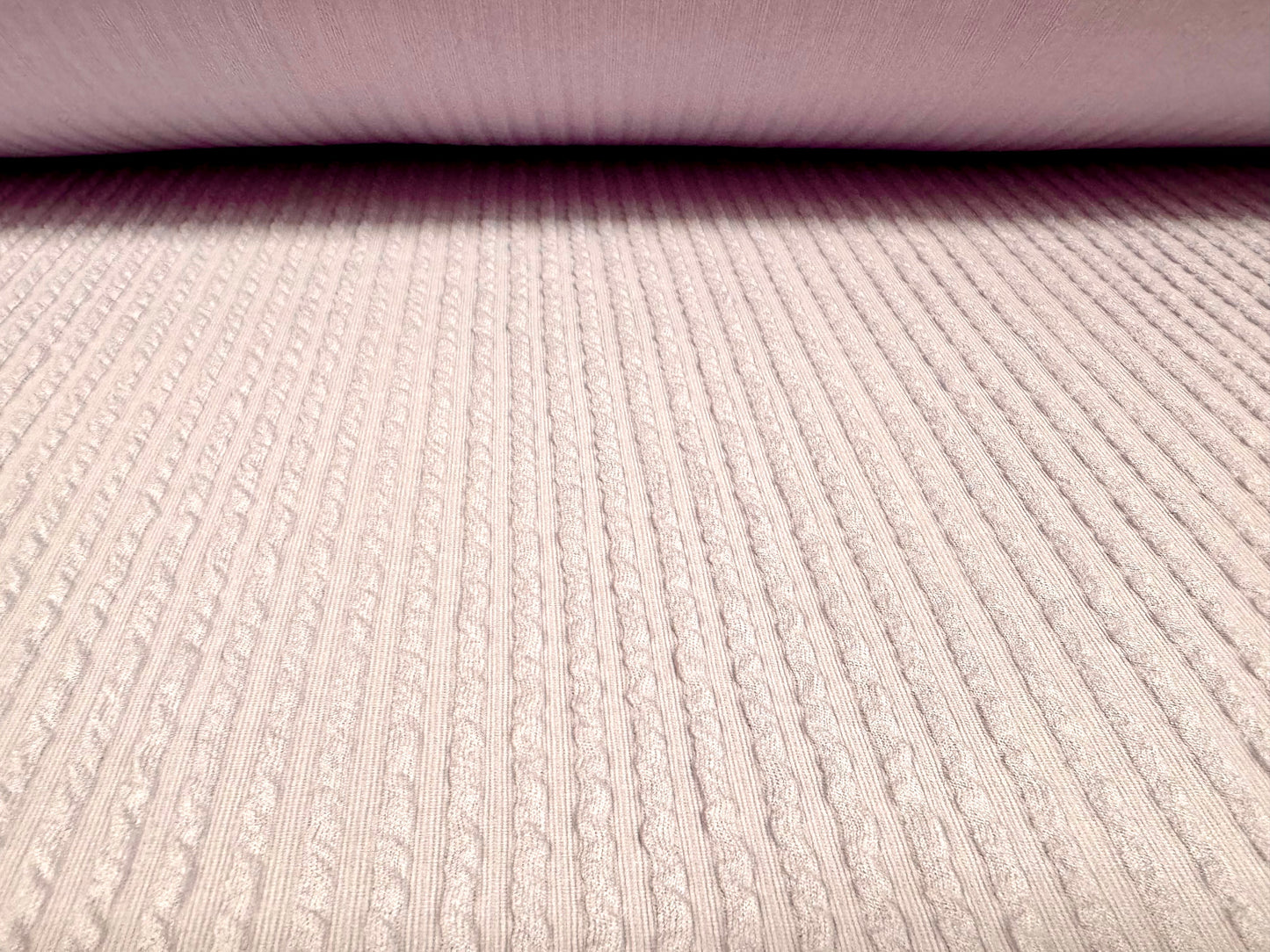 Cable knit stretch spandex rib jersey fabric, per metre - pale lilac