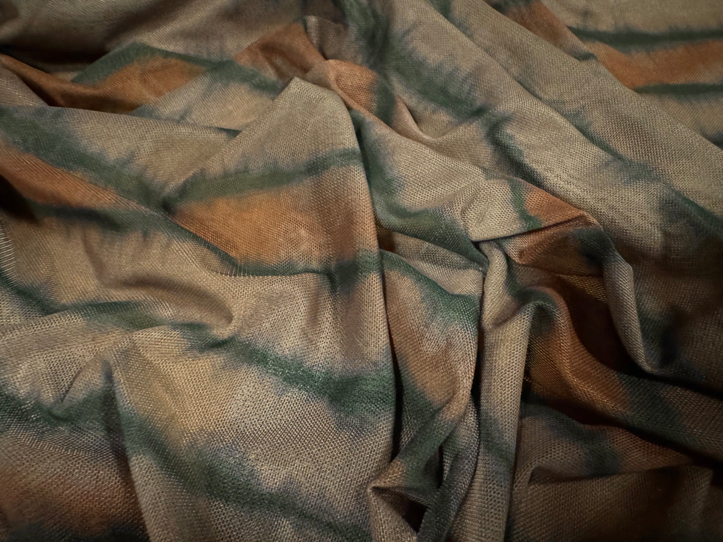 Power mesh net stretch spandex fabric, per metre - stylised barbed wire print - taupe & rust