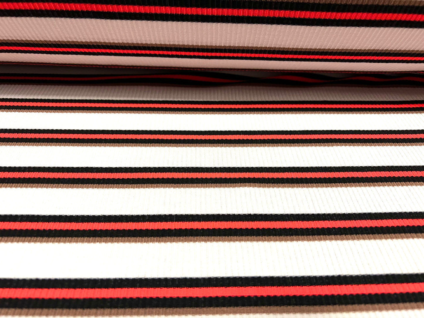 Stretch Spandex rib jersey fabric, per metre - stripe - white, black & hot coral