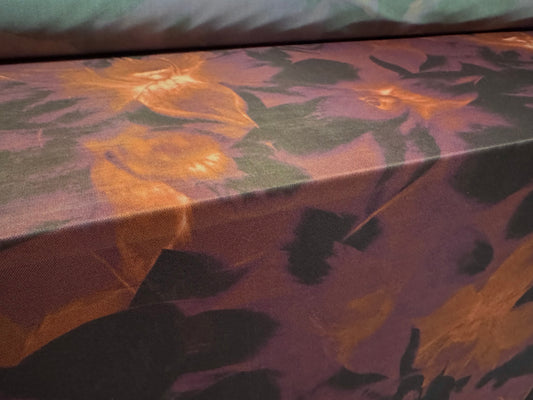 Power mesh net stretch spandex fabric, per metre - orchid floral print - orange & plum